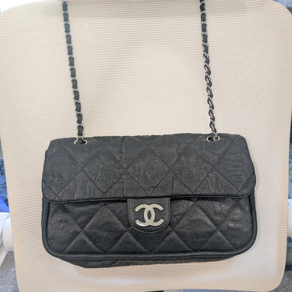 Authentic Chanel Le Marais Ligne Quilted Coated Canvas Flap Bag - Black